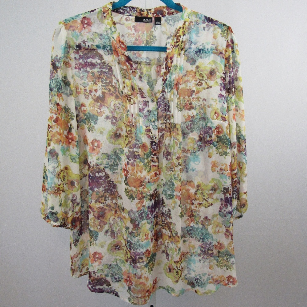 a.n.a Floral Semi Sheer Peasant Blouse L